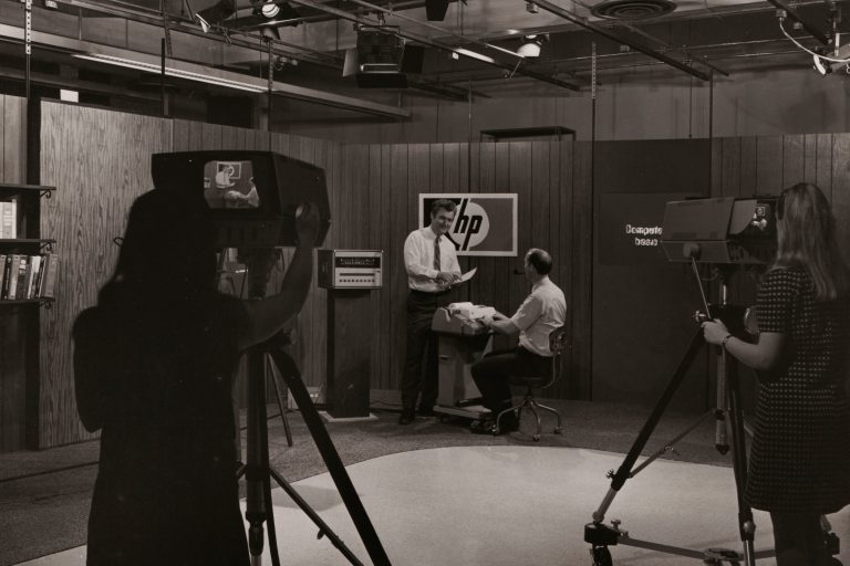 Behind the scenes photo from Hewlett-Packard's HP-TV television studio in the 1960s.