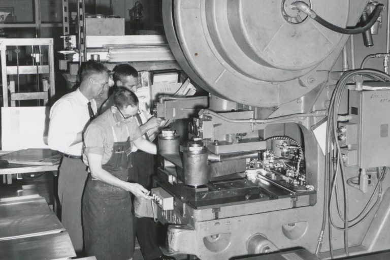 A multi-ton punch press from one of Hewlett-Packard's Page Mill facilities, in use in the 1950s.