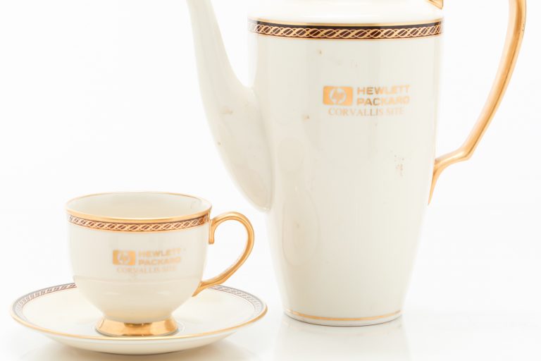 Hewlett -Packard Corvallis teapot and tea cup with gold gilding.