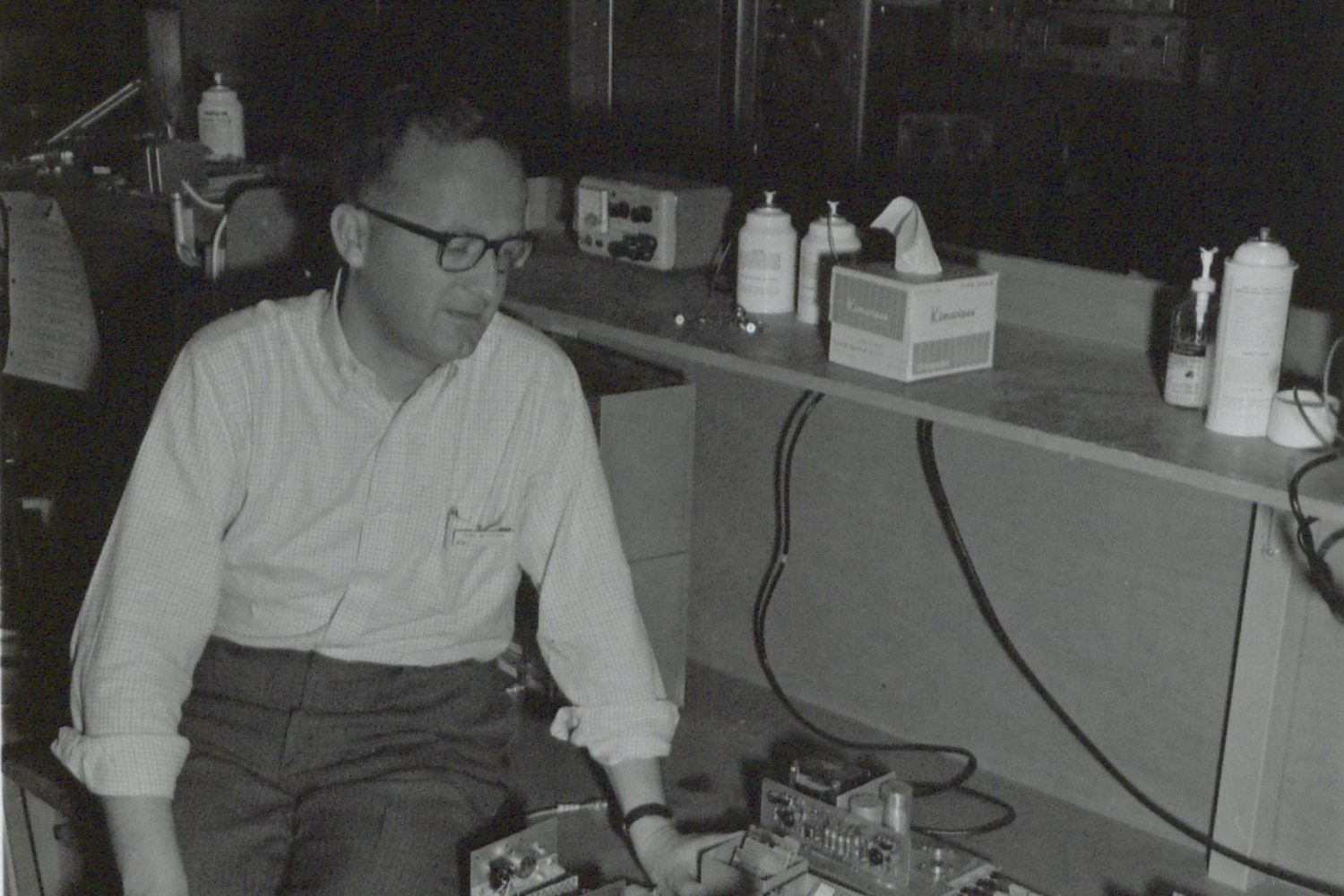 Fred Johnstone next to a breadboard emulator in 1967.