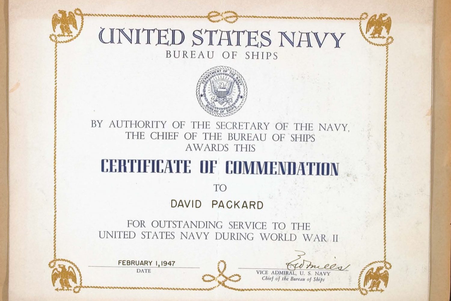 A personalized certificate of commendation given to Dave Packard for his contributions to the Navy during WWII.