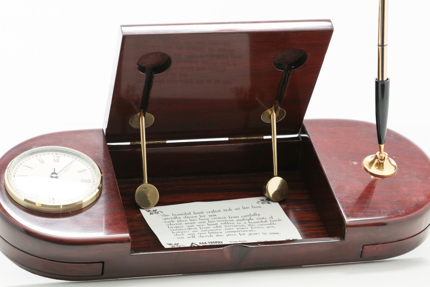 Wooden portable desk commemorating Hewlett-Packard's merger with Compaq (open with note inside).