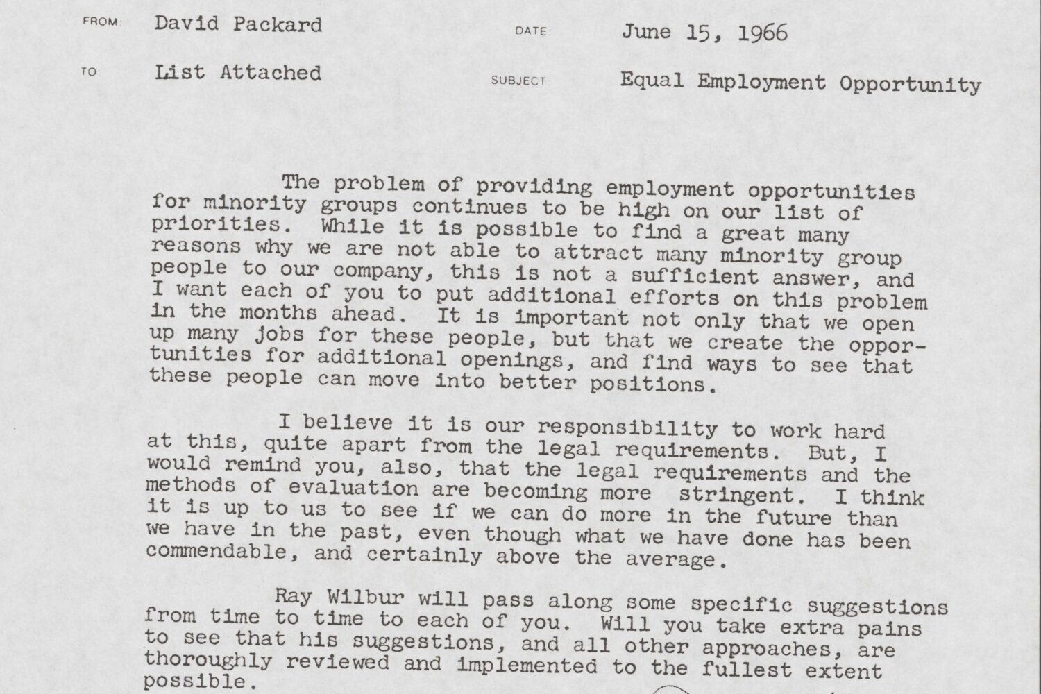 A letter from Dave Packard outlining the need for diversity and inclusion.