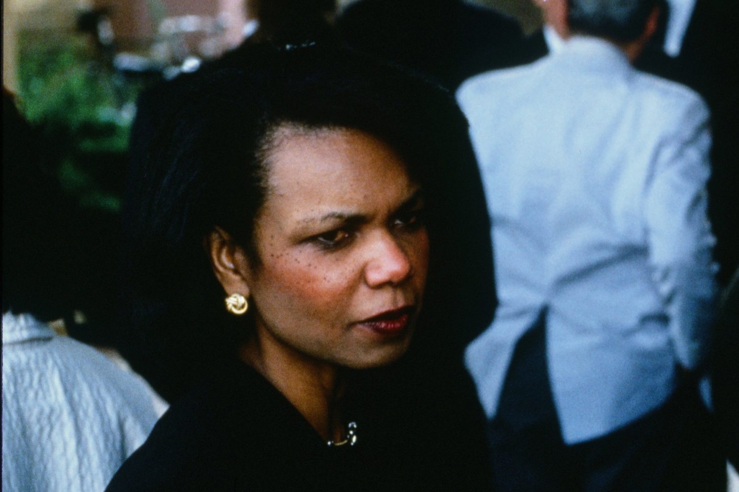 Hewlett-Packard board member Condoleezza Rice in black clothing at Dave Packard's memorial service in 1996.