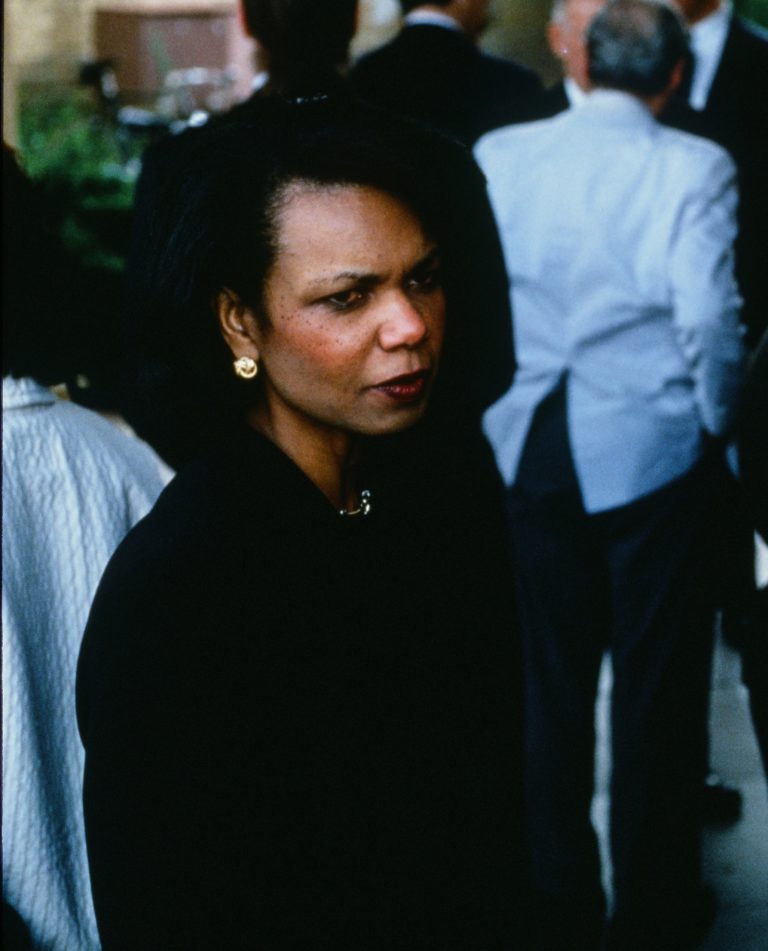 Hewlett-Packard board member Condoleezza Rice in black clothing at Dave Packard's memorial service in 1996.