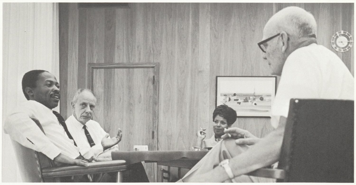 Roy Clay, the future Godfather of Silicon Valley speaking with other HP employees in 1968.