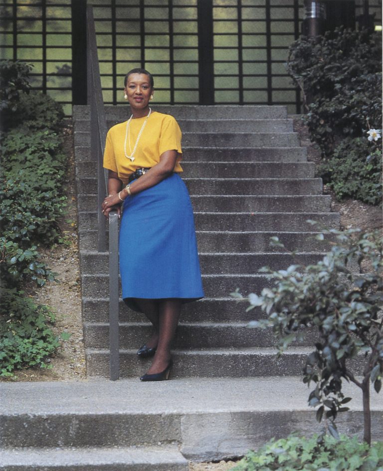 Emily Duncan standing at the bottom of an outdoor staircase in an image dated 1993.