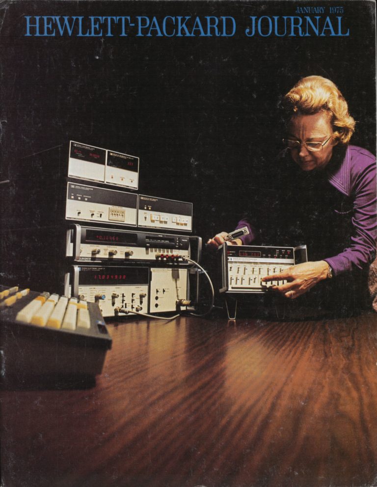 Jane Evans operating equipment on the cover of the Hewlett-Packard Journal in January 1975.