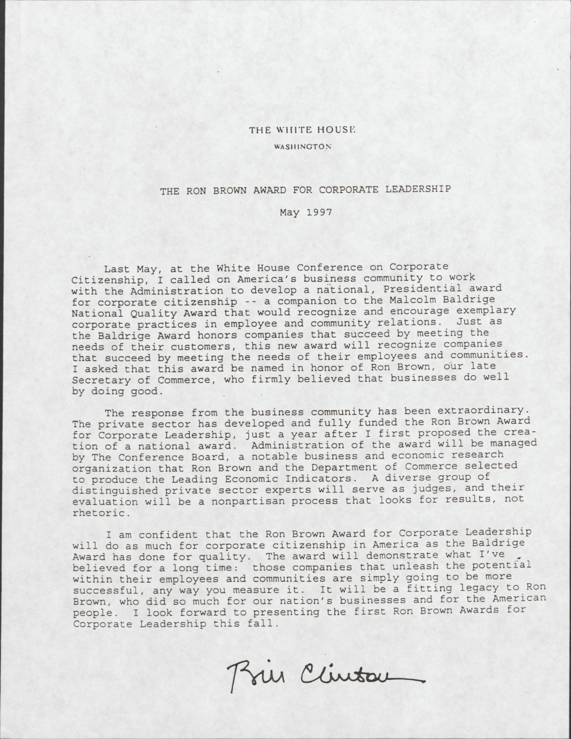 A 1997 letter from then-President Bill Clinton discussing the formation of the Ron Brown Award for Corporate Leadership.
